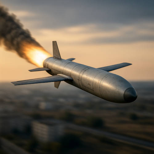 Rakieta w locie na tle budynkow - zagrozenie powietrzne