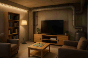 Schron w środku - salon z telewizorem fotelami i książkami