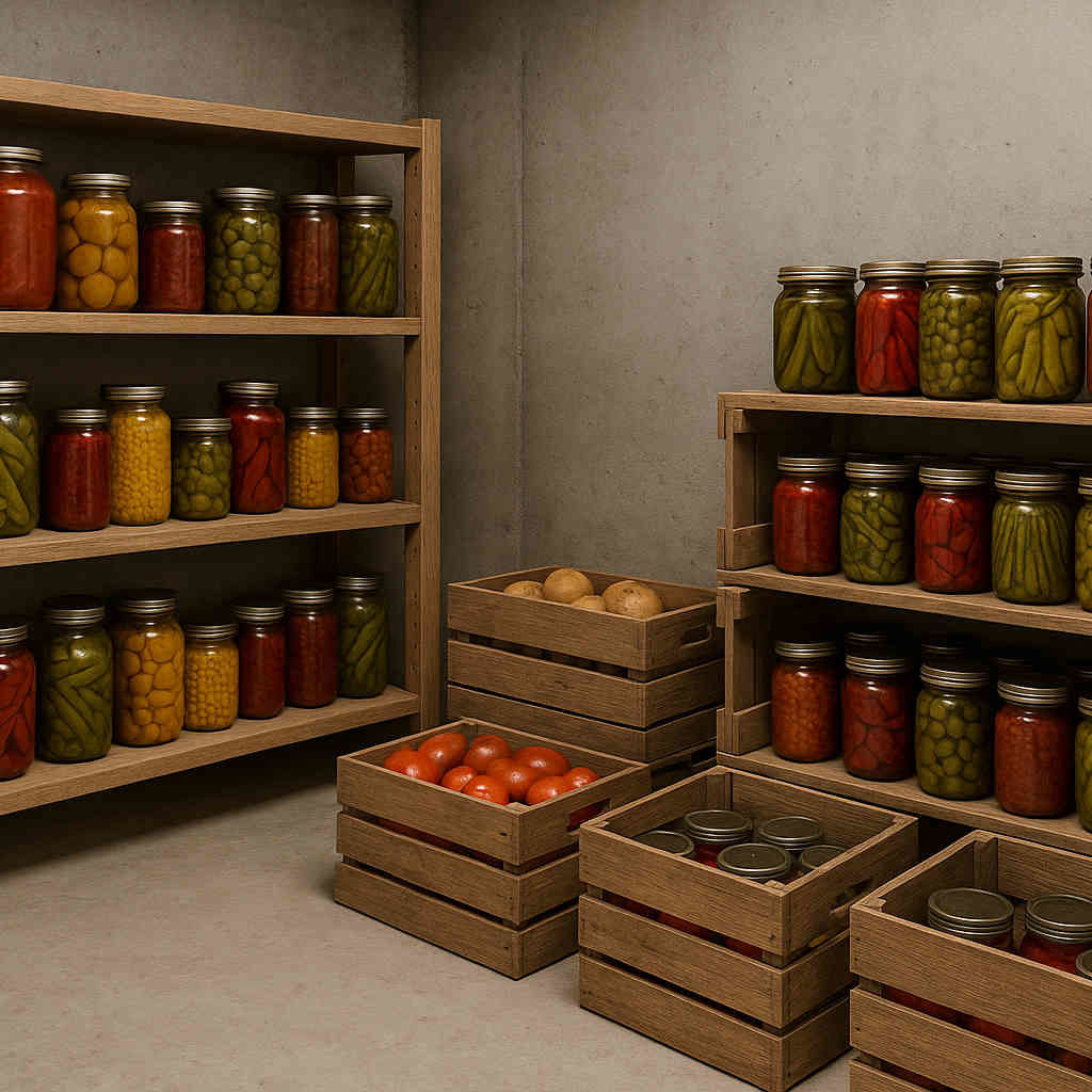 Zapasy w schronie - słoiki i skrzynki z warzywami