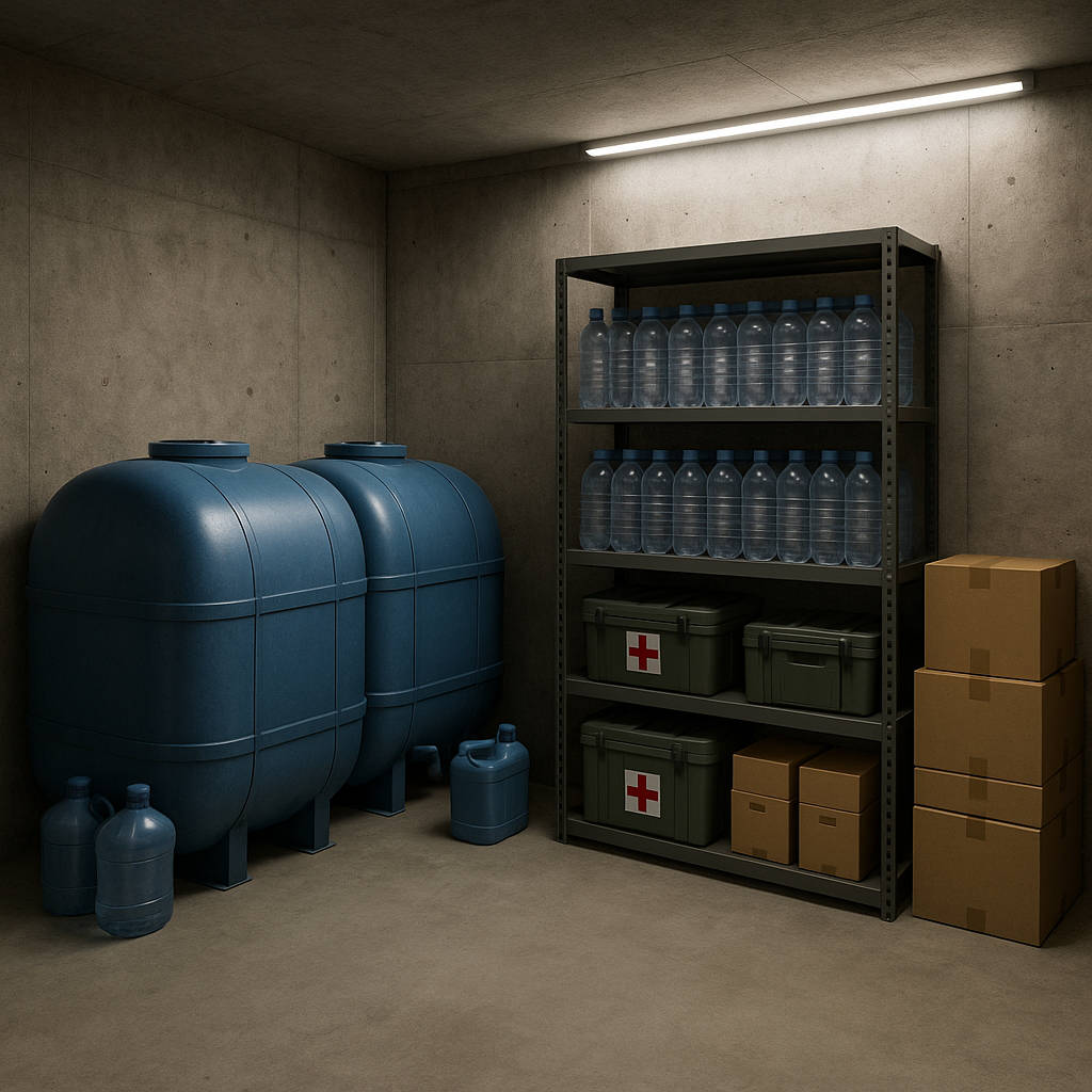 Zapasy w schronie - woda beczki apteczki